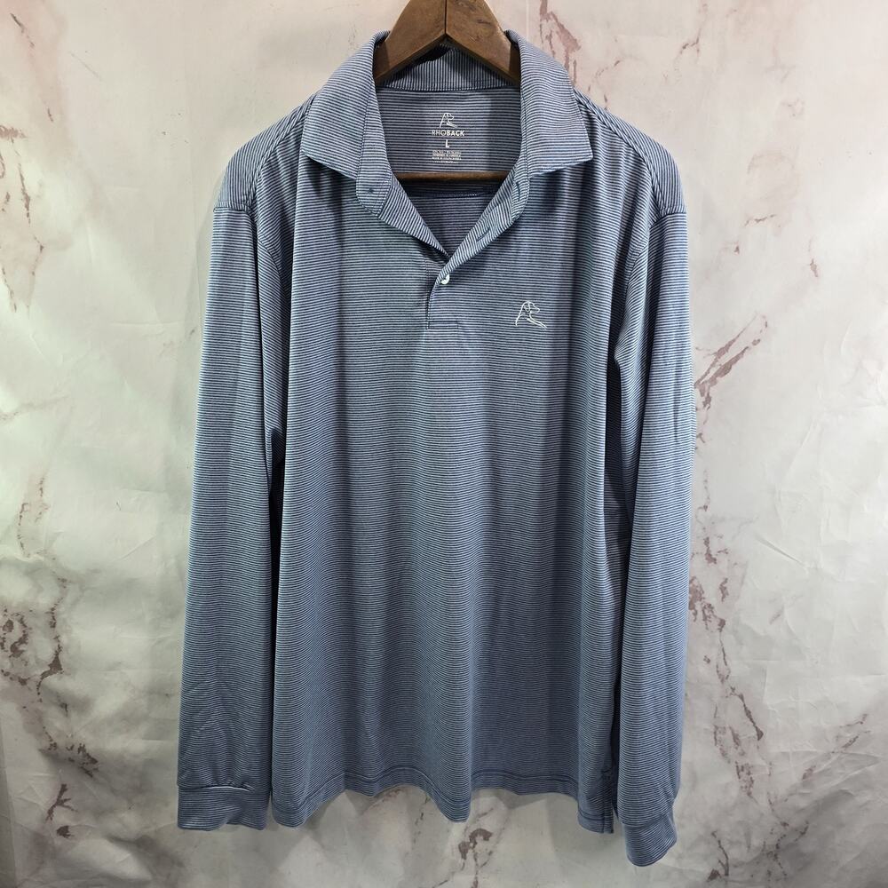 Rhoback Shirt Mens Large Blue Striped Polo Long Sleeve Whaler Performance